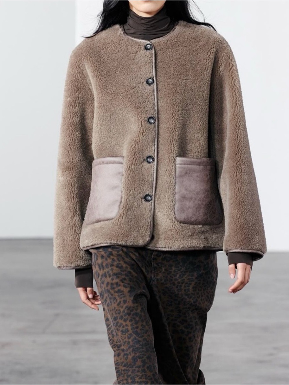 NWT Zara Taupe Plush Teddy Button Up Fleece Jacket - Picture 5 of 14